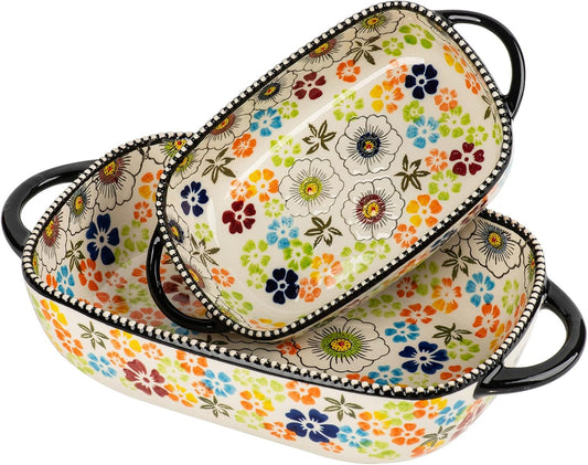 Retro pastoral style Ceramic Baking Dish Rectangular Bakeware Set Baking Pan, 2-piece Hand-painted Porcelain Baking pan with handle, Casserole Dish for Oven/Cooking/Kitchen (Green Traces)