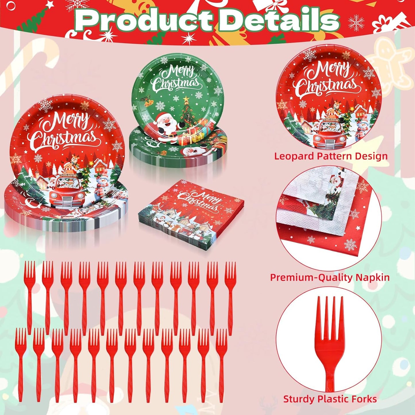 100 Pcs Christmas Tableware Party Supplies – Disposable Merry Christmas Dinnerware Set with Paper Plates, Napkins, and Utensils for Holiday Party, Winter Celebration – Serves 25
