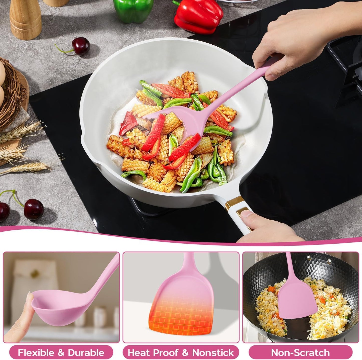 Onader Silicone Cooking Utensils Set, 10 Pieces Kitchen Utensils Set, Pink Kitchen Gadgets Tools Kit for Nonstick Cookware