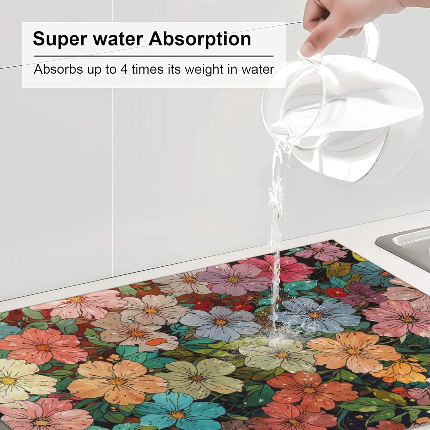 Colorful Wildflowers Dish Drying Mat for Kitchen Counter, 18"x24" Microfiber Absorbent Fast Dry Mat, 2Pcs Dish Mat Faucet Mats Sets, Large Drying Kitchen Mat Kitchen Drying Pad Coffee Bar Decor Gifts