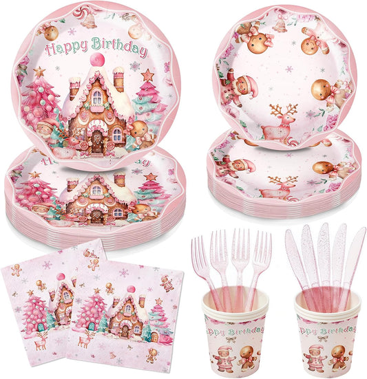 144 Pcs Pink Gingerbread Christmas Party Supplies, Disposable Dinnerware Set with Plates, Cups, Napkins for Holiday Gingerbread House Decorations, Serves 24 Guests