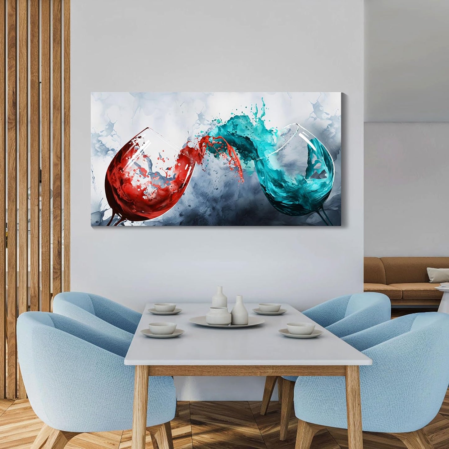 Pogusmavi Dining Room Wall Art Wine Glass Canvas Wall Pictures Kitchen Art Wall Decor Blue & Red Wine Cups Painting Modern Wall Art for Living Room Office Artwork Wall Decor 24x48IN