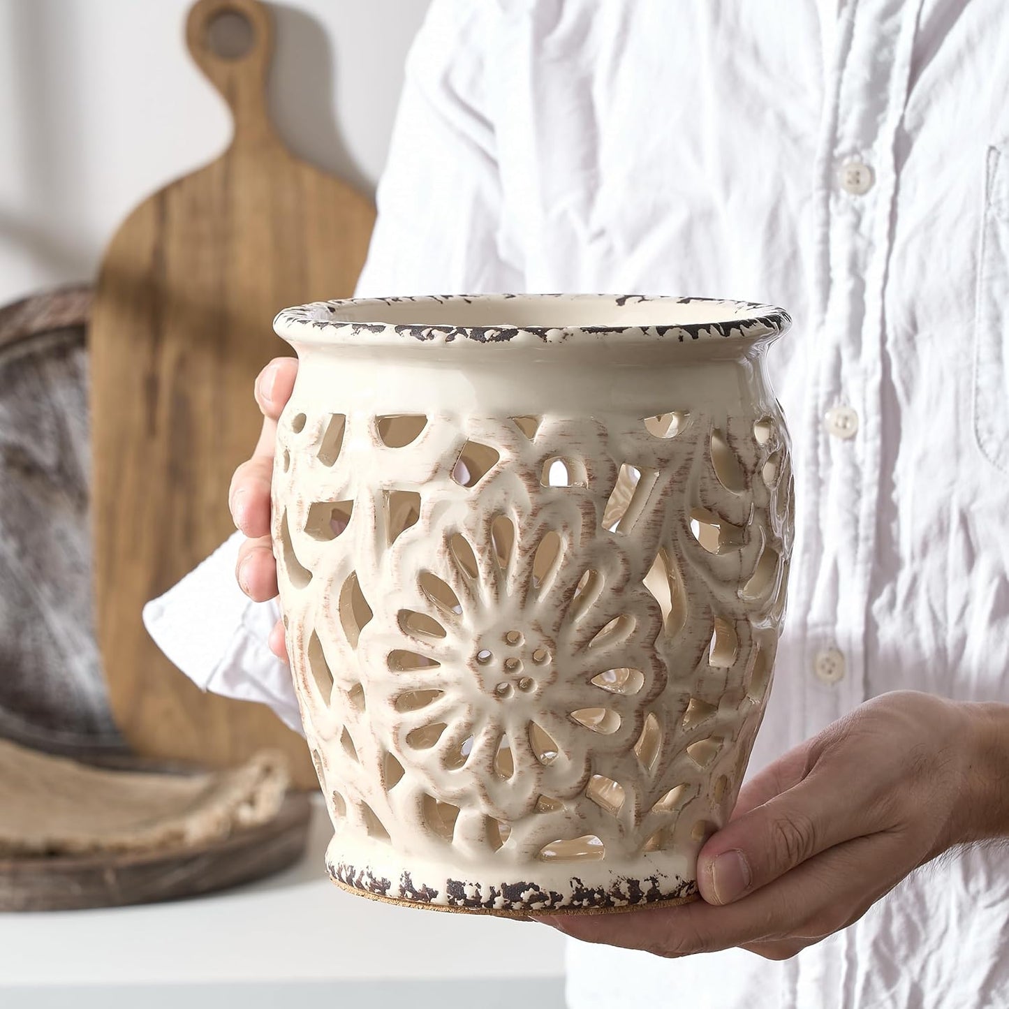 Farmhouse Kitchen Utensil Holder for Kitchen Counter, Ceramic Large Cooking Utensil Crock with Cork Mat, Decorative Rustic Utensil Organizer for Countertop, Spatula, Antique Beige