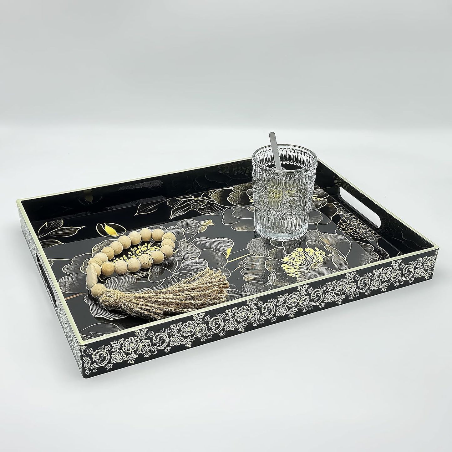 Serving Tray with Handles, 15.7 * 11.8 inches, Plastic Ottoman Tray with Exquisite Paintings, Trays for Coffee Table