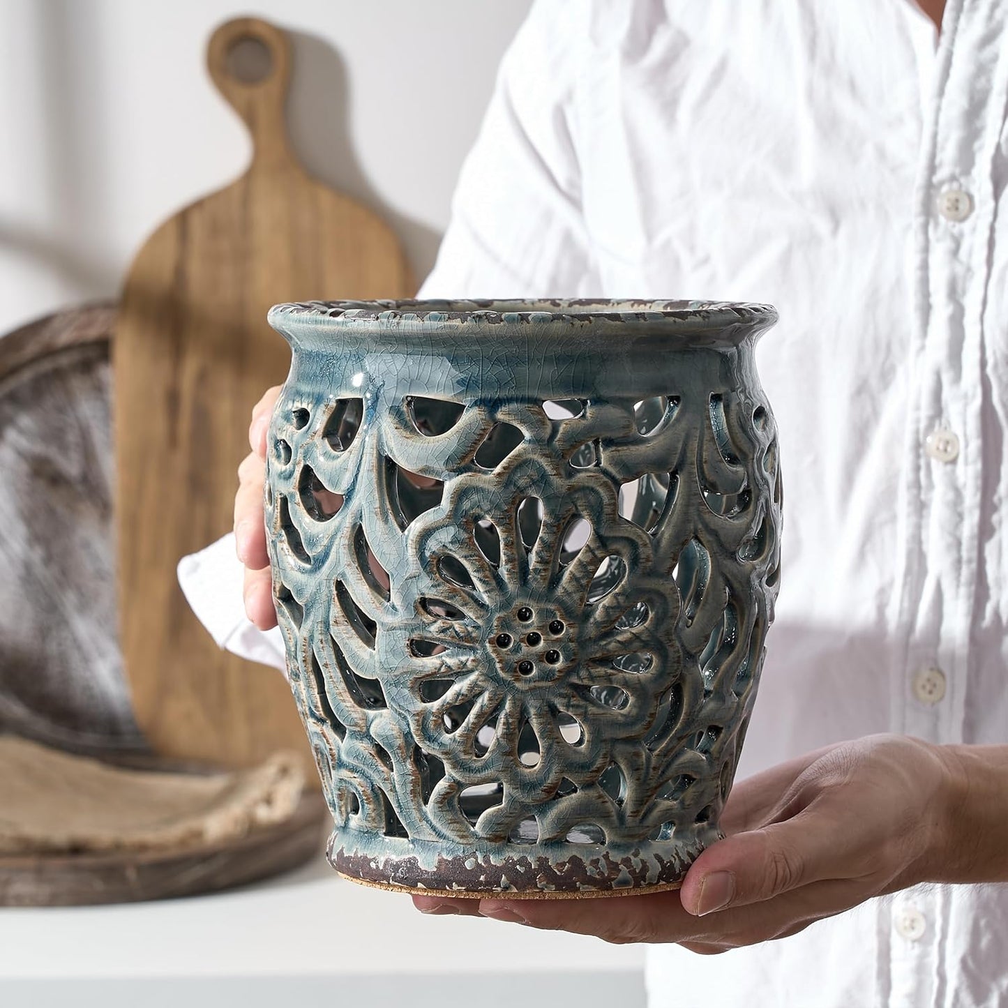 Farmhouse Kitchen Utensil Holder for Kitchen Counter, Ceramic Large Cooking Utensil Crock with Cork Mat, Decorative Rustic Utensil Organizer for Countertop, Spatula, Grayish Blue