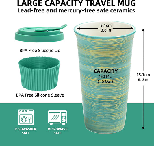 Travel Coffee Mug Light Green, Ceramic Coffee Mug With Lid And Drinking Straw(15oz/450ml), Handcrafted Novelty Travel Mugs, Microwave & Dishwasher Safe Tumbler With Lid, Unique Gifts