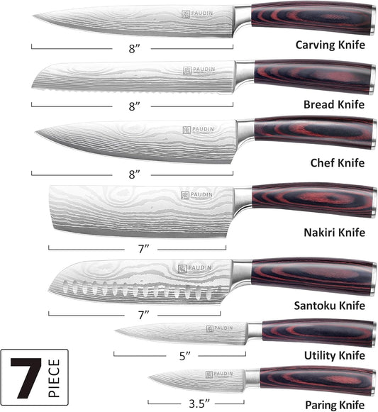PAUDIN Chef Knife Set, 7 Pieces Kitchen Knife Set, High Carbon Stainless Steel, Ultra Sharp Knife Set, Professional Knives Set for Kitchen with Pakkawood Handle