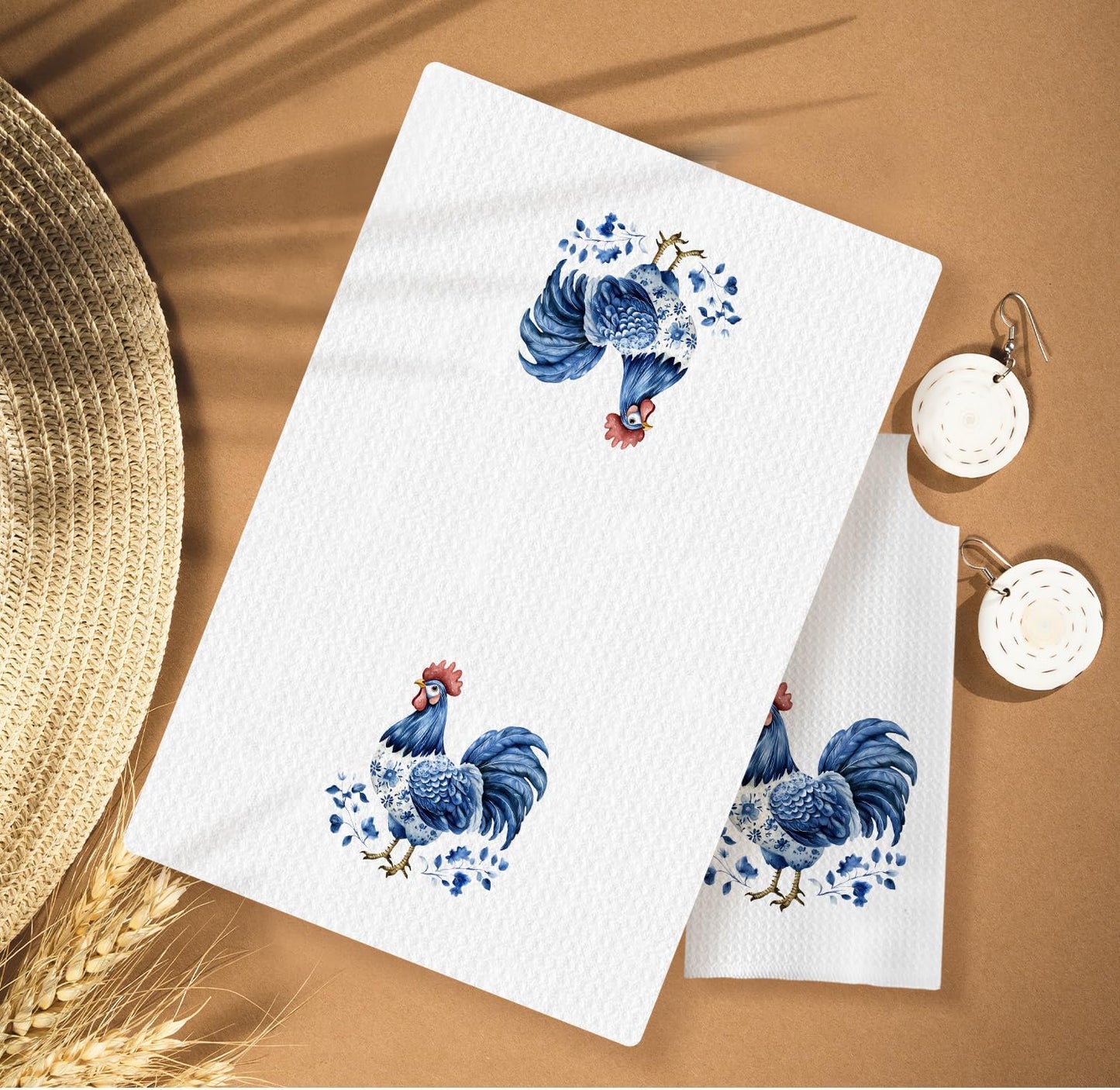 Chinoiserie Chicken Kitchen Towels, Chicken Lover Mom Lady Gifts Decorative Dish Tea Towels for Kitchen, Blue and White Floral Hen Hand Towels for Bathroom, 16x24 Inches