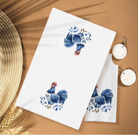 Chinoiserie Chicken Kitchen Towels, Chicken Lover Mom Lady Gifts Decorative Dish Tea Towels for Kitchen, Blue and White Floral Hen Hand Towels for Bathroom, 16x24 Inches