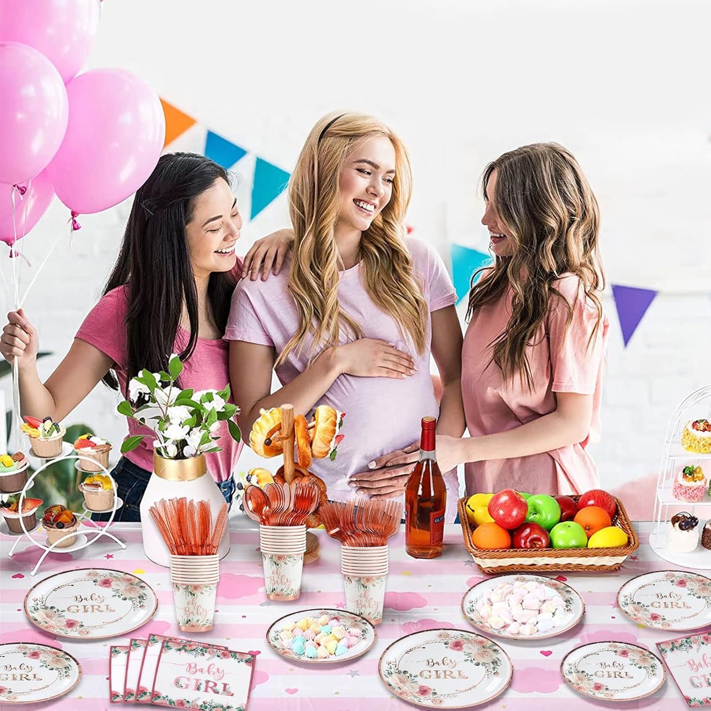 Floral Girl Baby Shower Tableware Set – Rose Gold Party Supplies with Plates, Cups, Napkins & Utensils – Serves 24 Guests, Perfect for Little Princess Party