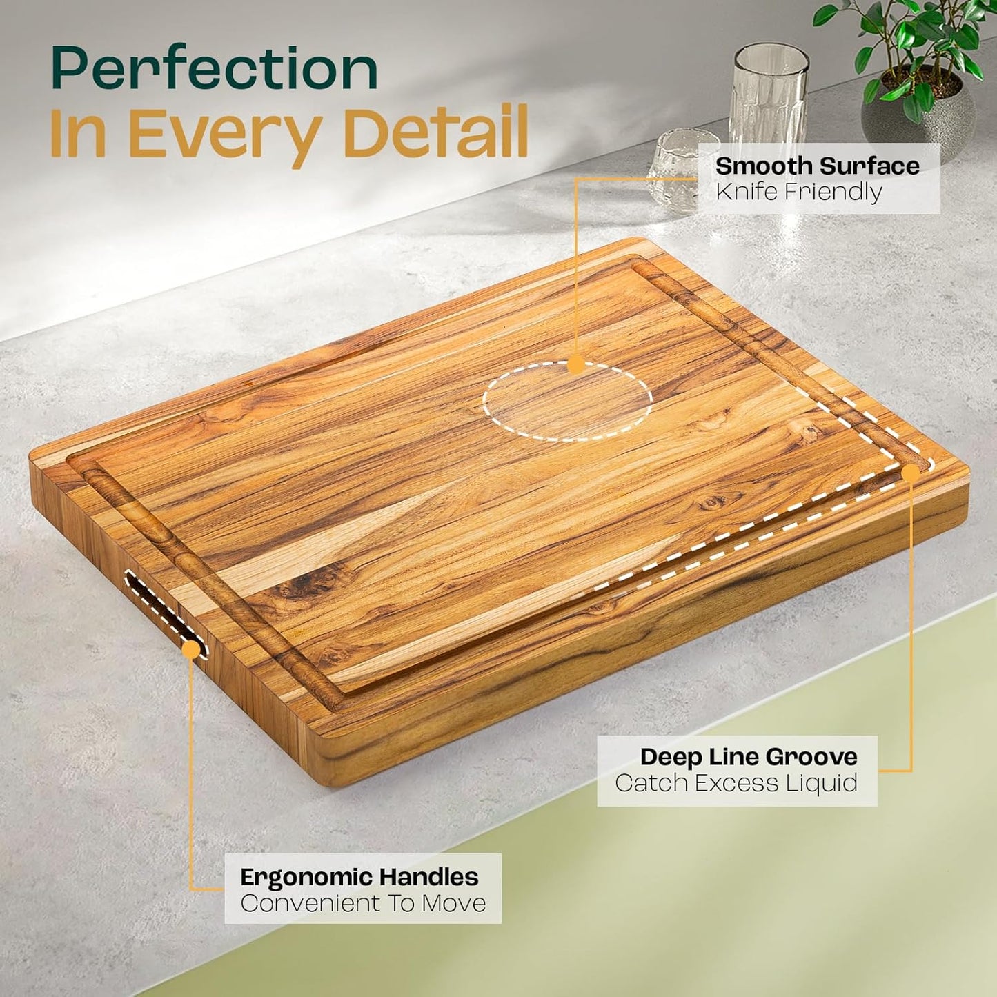 Yes4All Durable Teak Cutting Boards for Kitchen,[16.5''L x 13''W x 1.5”Thick] Medium Edge Grain Cutting Board, Pre Oiled Wood Cutting Boards, Thick Chopping Board w/Juice Grooves and Easy Grip Handle