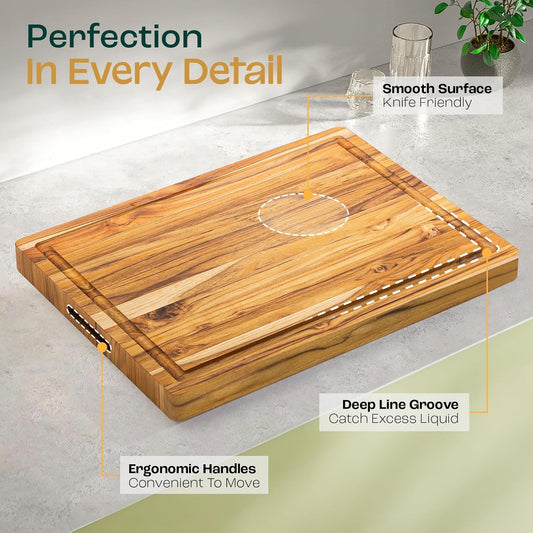 Yes4All Durable Teak Cutting Boards for Kitchen,[16.5''L x 13''W x 1.5”Thick] Medium Edge Grain Cutting Board, Pre Oiled Wood Cutting Boards, Thick Chopping Board w/Juice Grooves and Easy Grip Handle