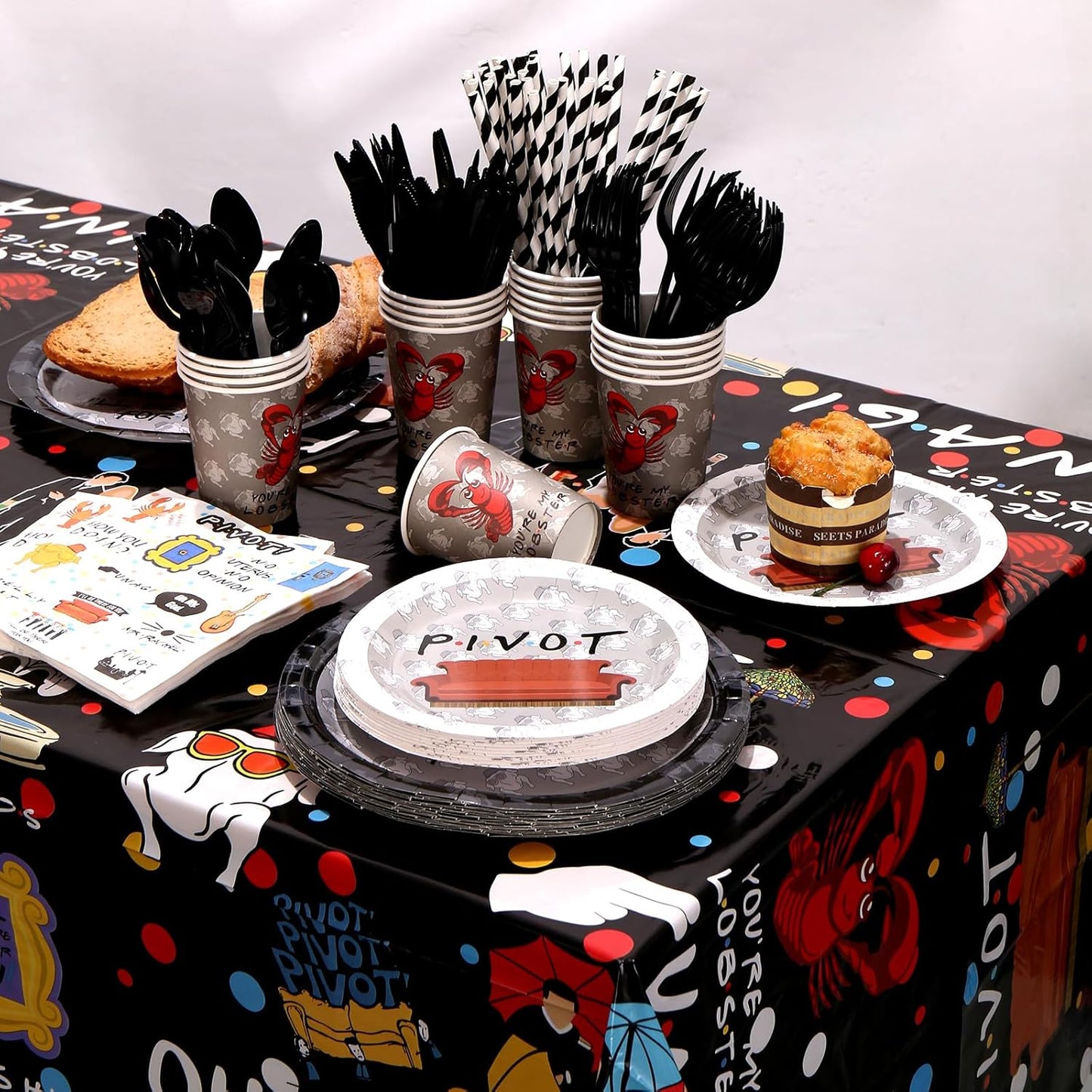 161CT iFriends Party Supplies Disposable iFriends Dinner Plates Cups Straw Napkins Spoon Fork knives Tablecloth, iFriends Birthday Party Decorations and Party Tableware Serves 20 Guests, Black