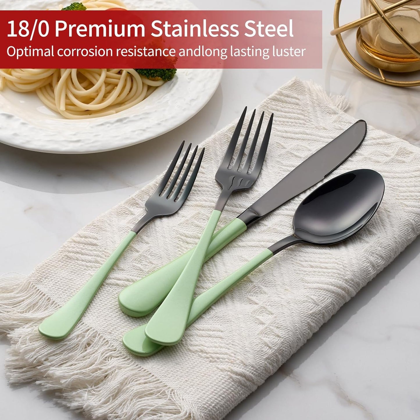 20-Pieces Green and Black Silverware Sets for 4,Green Handle Stainless Steel Cutlery Set, Include Forks Spoons and Knives Set, Dishwasher Safe Utensil Sets for Home Restaurant
