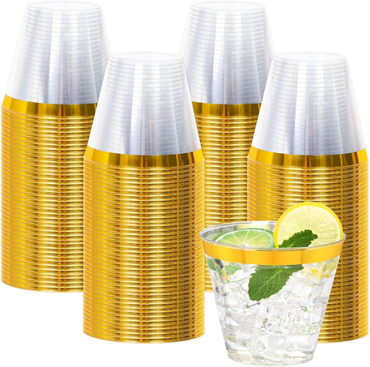 100 Pcs Gold Plastic Cups,9Oz Gold Rimmed Plastic Cups,Heavy Duty Gold Rim Clear Disposable Plasitc Cocktail Tumblers Wine Cup for Party,Wedding,Birthday,Christmas