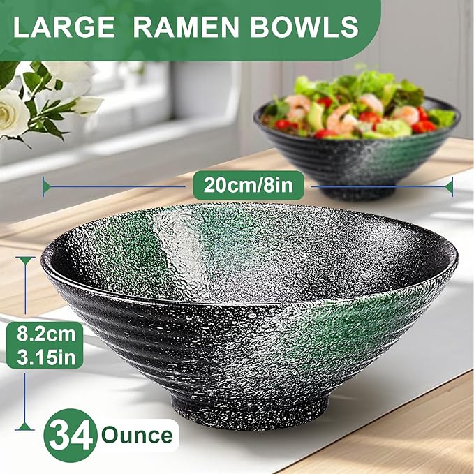8-Inch Ceramic Ramen Bowl Set of 4 (17 Piece) - Porcelain Japanese Salad Noodles Cereal Fruit Pasta Soup Large Bowls with Recipes Chopsticks Forks Spoons for Men Women Gift Microwave Dishwasher Safe