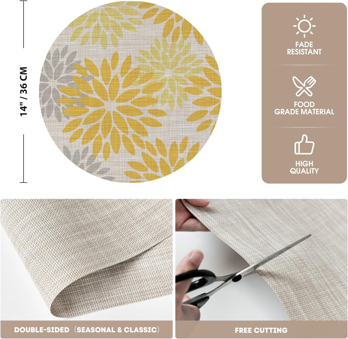 Artoid Mode Yellow Dahlia Plastic Round Placemats Set of 4, 14 Inch Seasonal Wipeable Woven Vinyl Table Mats for Farmhouse Party Kitchen Dining Decor