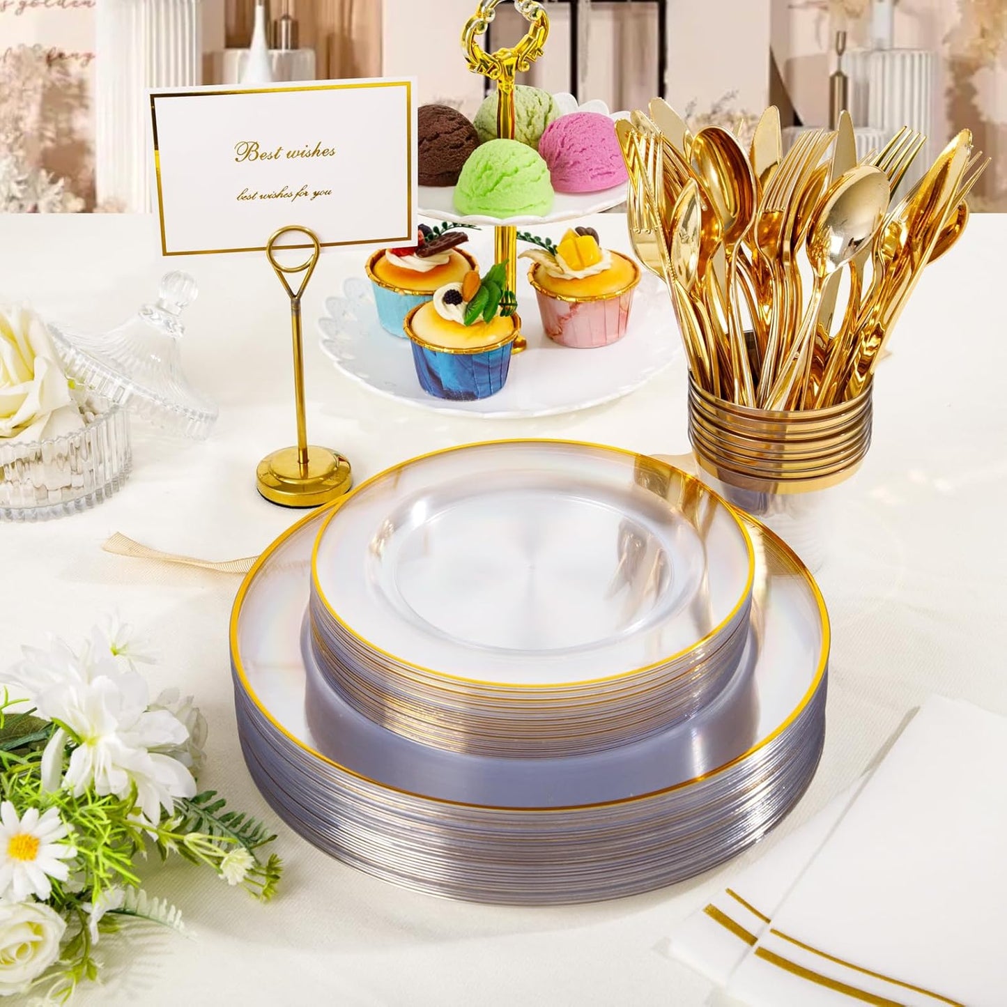 SUT 350Pcs Plastic Dinnerware Set for 50 Guests, Clear and Gold Plastic Plates, Disposable Plates and Napkins Party Supplies, Gold Silverware, Plates, Cups and Napkins Sets for Party Weddings