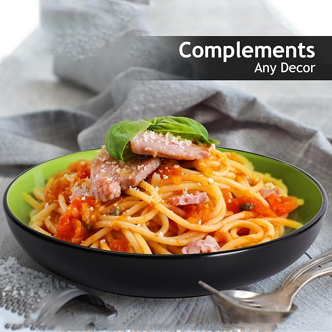 MIAMIO – 30 Oz / 8.6 Inch Set of 6 Pasta Bowls/Salad Bowls, Pasta Plates Wide and Shallow Bowl, Large Ceramic Stoneware Deep Plate Serving Soup - Le Papillon Collection (Green)