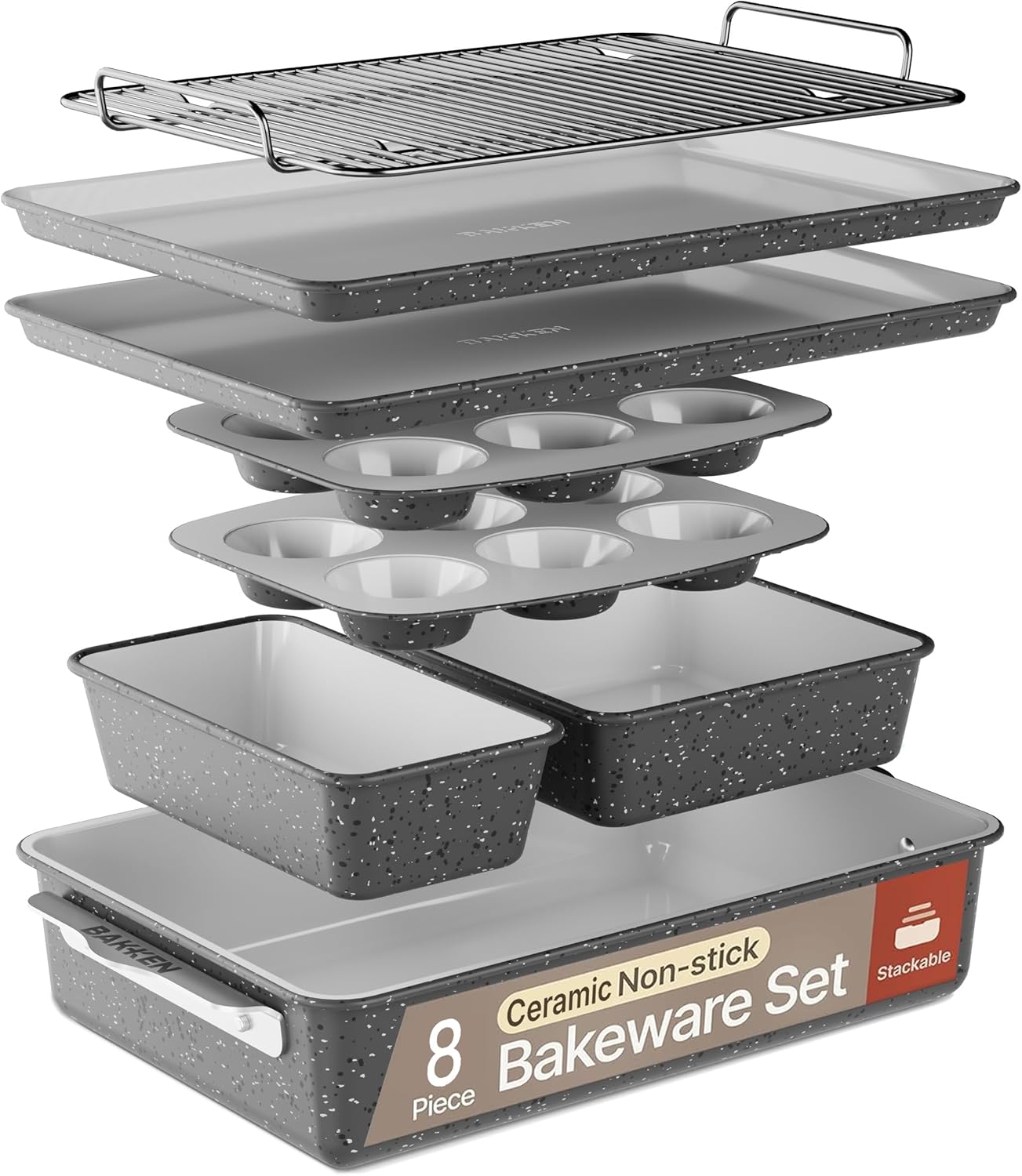 Bakken 8-Piece Stackable Bakeware Set - Ceramic Non-Stick Coating, Baking Sheets, Assorted Baking Pans, PTFE, PFOA & PFOS Free - Healthy Baking, Ergonomic Handles, Cooling Rack, Non-Toxic, Oven-Safe