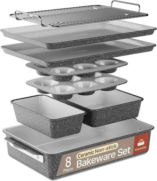 Bakken 8-Piece Stackable Bakeware Set - Ceramic Non-Stick Coating, Baking Sheets, Assorted Baking Pans, PTFE, PFOA & PFOS Free - Healthy Baking, Ergonomic Handles, Cooling Rack, Non-Toxic, Oven-Safe