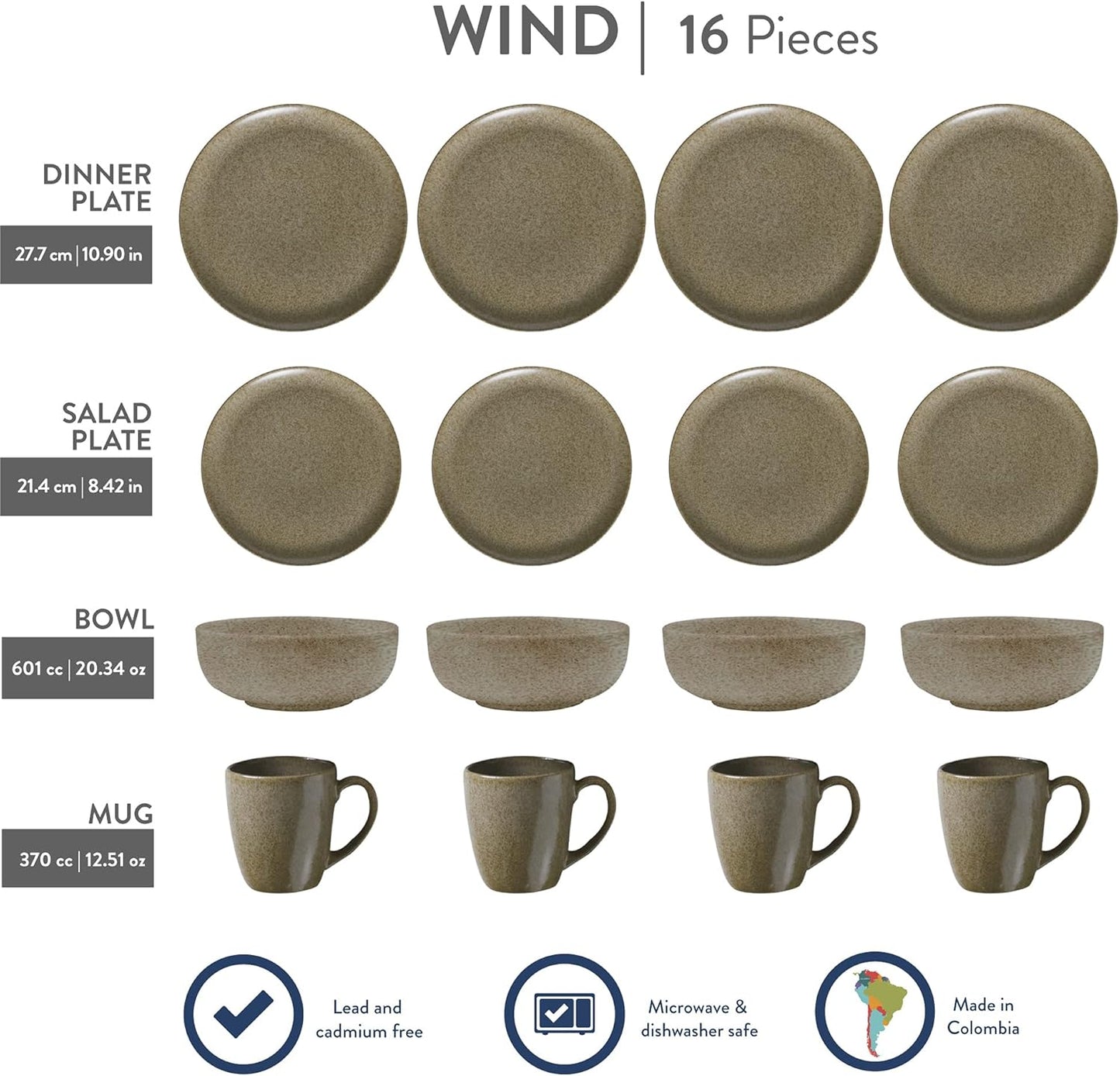Corona 16–piece Unique Finish Earth-Toned Ceramic Dinnerware Sets, Plates, Bowls and Mugs, Service For 4, Wind