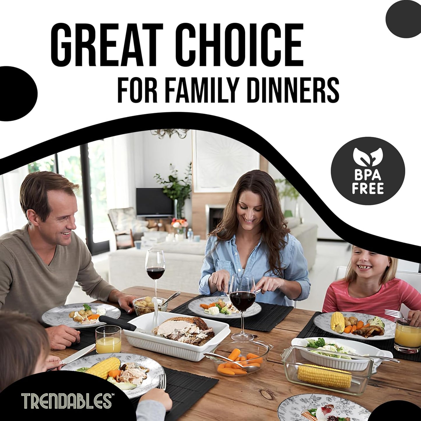 Trendables Disposable Plates For Party Supplies | Black Floral Plastic Plates For Wedding 200 Pcs - 100 X 8" & 100 X 10" Dinner Plate Sets | Floral Plate Set Disposable Plastic Dinnerware Sets