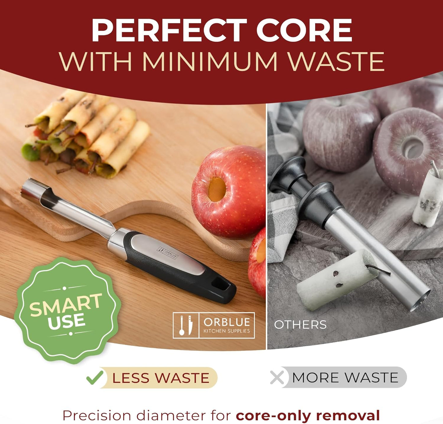 Orblue Premium Apple Corer Tool - Durable Stainless Steel Fruit Core Extractor Tool - Apple Corer Remover, Red