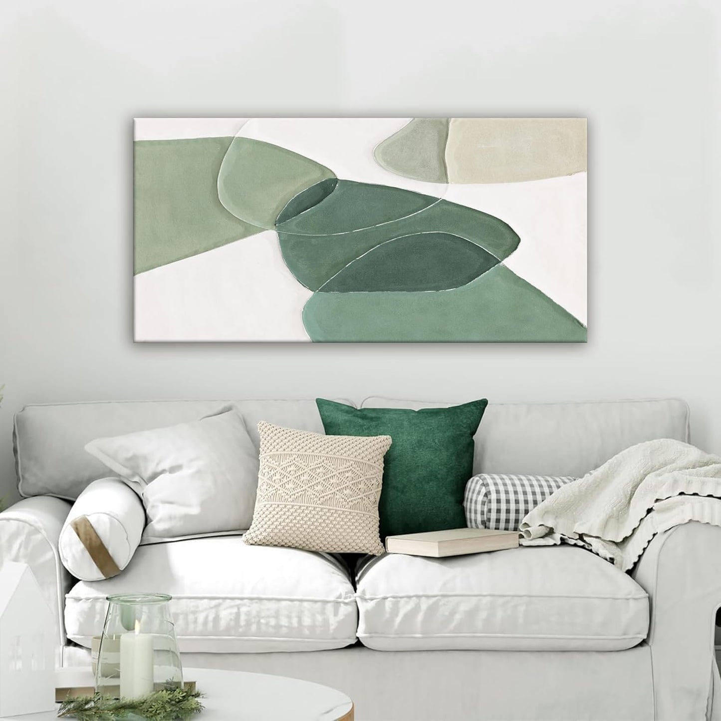QSQ Green Wall Art Decor Green White Boho Wall Art Minimalist Wall Art Geometric Color Block Canvas Artwork Paintings Wall Decor Modern Home Bedroom Art Office Decor 20"X 40"