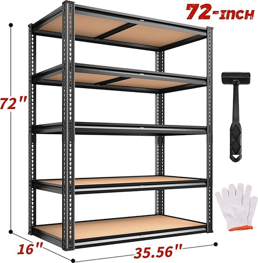 2050LBS Storage Shelves Heavy Duty 5 Tier Garage Storage Shelving, Adjustable Metal Shelving Unit Utility Rack Shelf for Warehouse, Pantry, Closet, Kitchen 72" H x 35.56" W x 16" D, Black