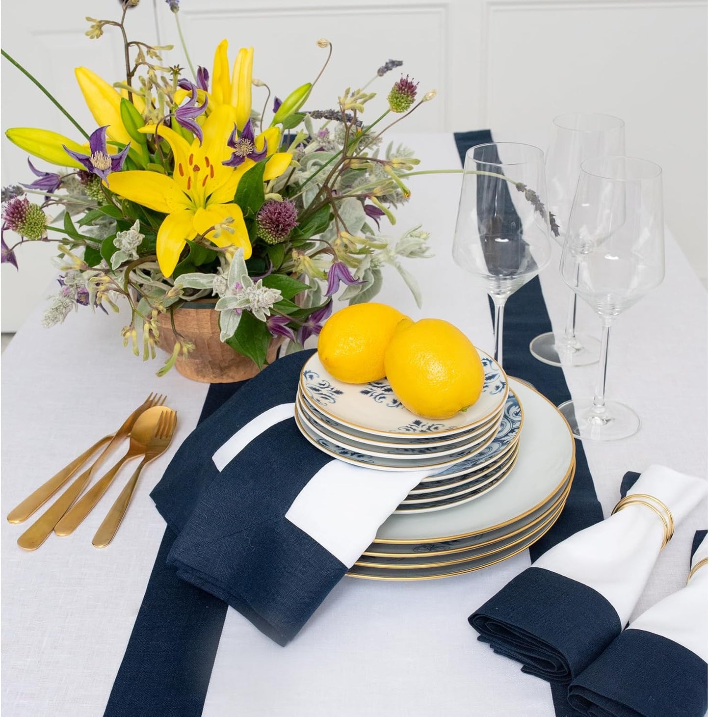 Solino Home Linen Table Runner 90 Inches Long - 100% Pure Linen Navy and White Table Runner 14 x 90 Inch for Fall, Autumn, Thanksgiving, Christmas, Holiday - Contempo