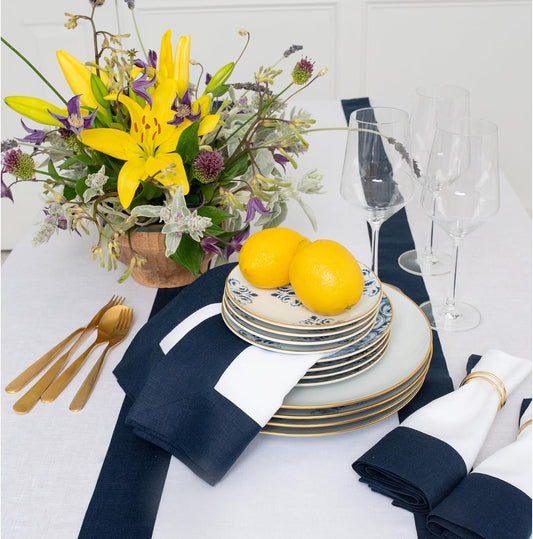 Solino Home Linen Table Runner 90 Inches Long - 100% Pure Linen Navy and White Table Runner 14 x 90 Inch for Fall, Autumn, Thanksgiving, Christmas, Holiday - Contempo
