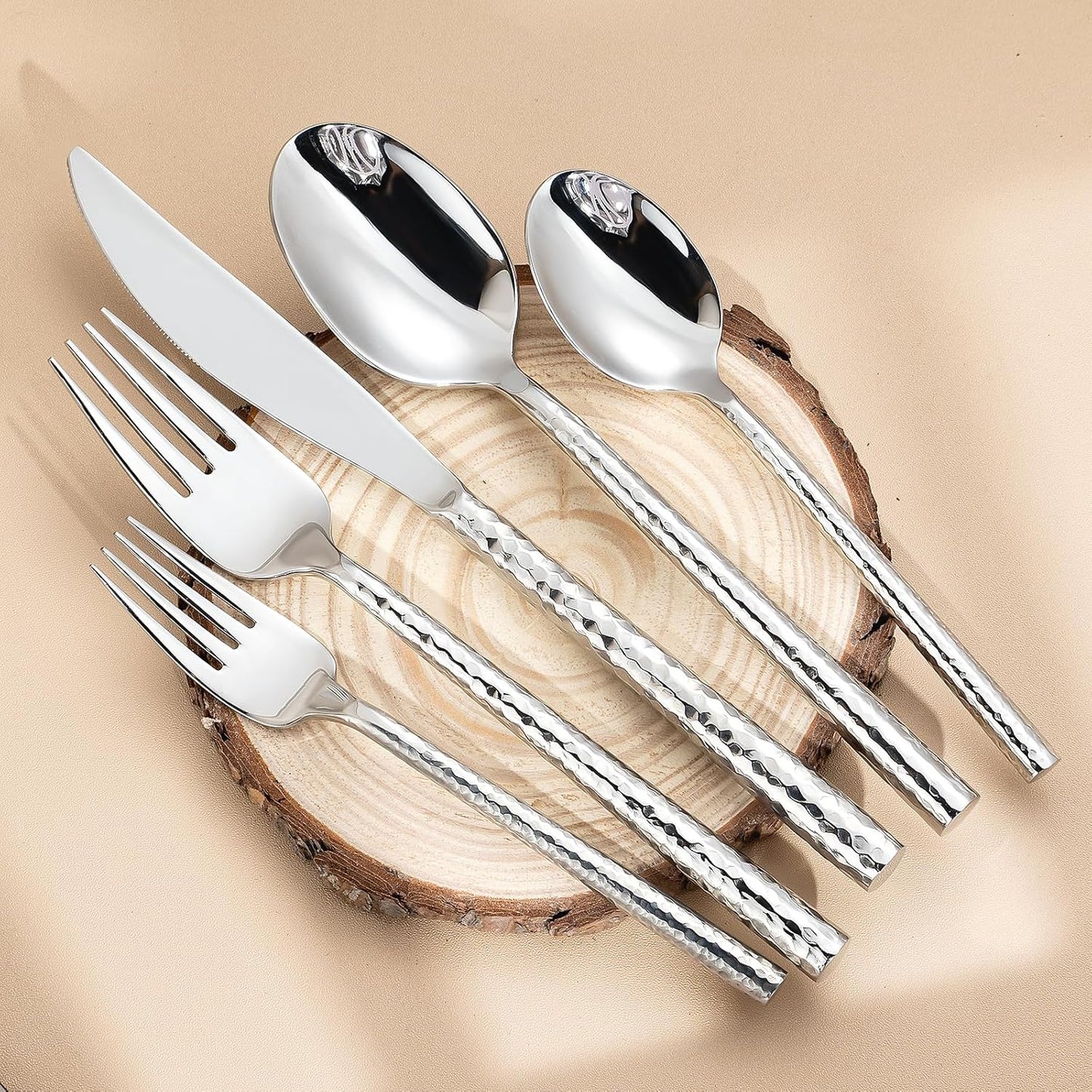 Hammered Silverware Set,Zerophilo Flatware Set 20 Pieces 18/10 Stainless Steel Cutlery Set for 4 Mirror Polished,Dishwasher Safe