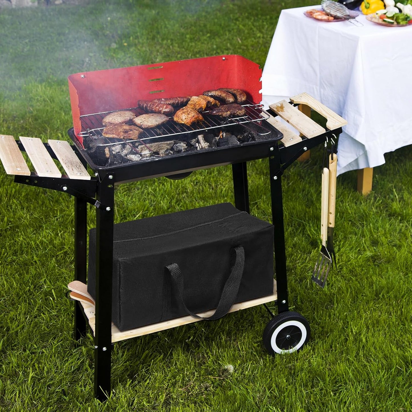 Amylove 2 Sizes Grill Utensil Storage BBQ Tool Bag Foldable Oxford Grilling Carry Bag Waterproof Grill Utensil Holder Outdoor BBQ Accessories Picnic Cooking Tools for Camp Barbecue(Plus)