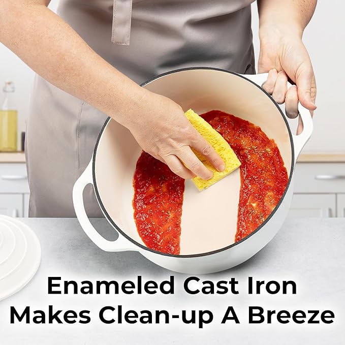 Zulay Kitchen 6 Quart Enameled Cast Iron Dutch Oven Pot with Lid – Premium Durability & Oven Safe up to 500°F – Heavy Duty Cookware Perfect for Bread Baking, Stews, Braising & Roasting – White