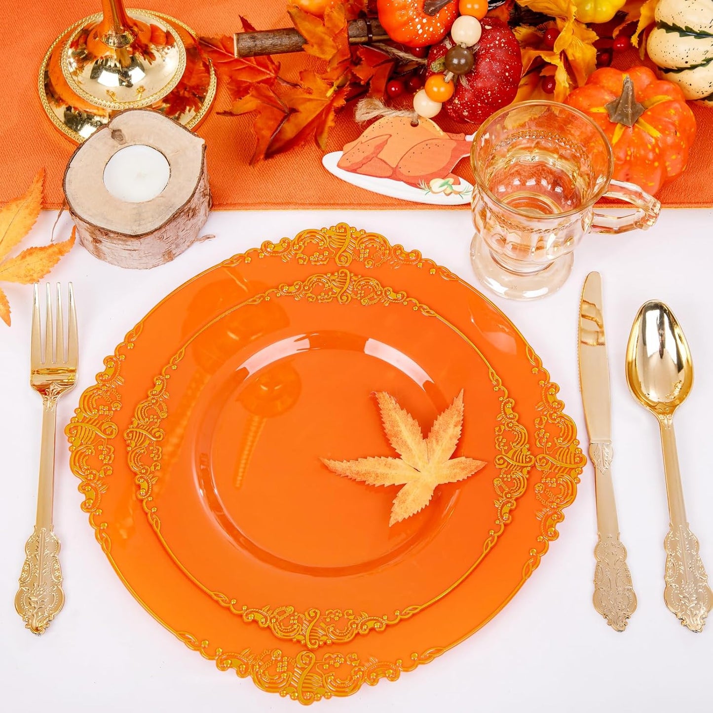 102PCS Orange Plastic Plates - Orange and Gold Disposable Plates - Party Plate with Gold Rim - Vintage Disposable Plate Serving for 51Guests for Thanksgiving & Halloween Party