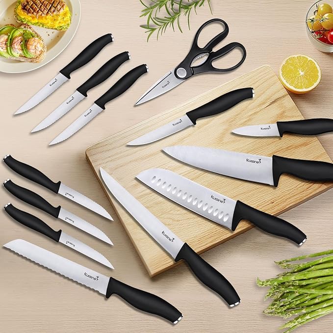 Kuisine Chef Knife Set,High Carbon Stainless Steel Ultra Sharp Blade Ergonomic Handle,Kitchen Knife Block Set with Built-in Sharpener, Elegant Gift for Holiday(Acacia,15PCS)