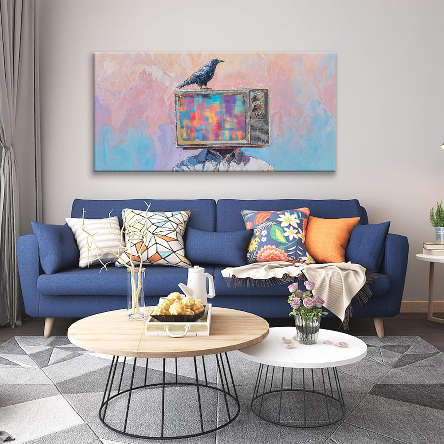 Abstract Art Wall Decor Prints Crow And Tv Head Wall Decorations Ready To Hang Modern Wall Art For Living Room Office Bedroom Bathroom Kitchen Canvas Prints Decor 20x40 Inch