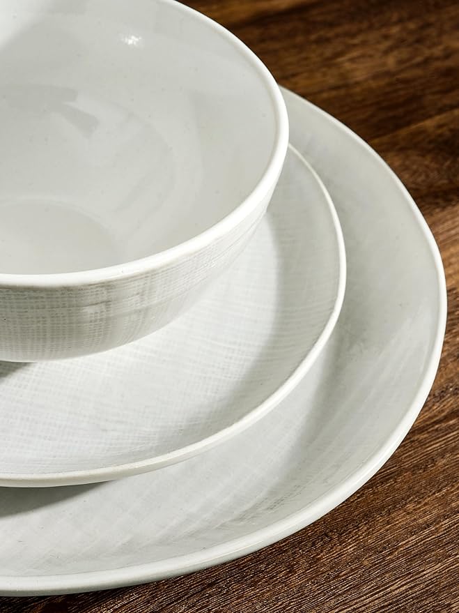 Famiware Moonlight Plates and Bowls Sets, 12 Pieces Stoneware Dinnerware Sets with Linen Finish, Handmade Dishware Set for 4, Microwave and Dishwasher Safe, Chip and Scratch Resistant, White