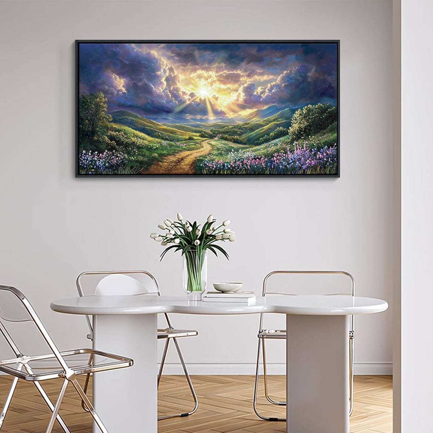 HKDGOKA Large Bedroom Wall Art, Purple Green Landscape Paintings Sun Clouds Mountains Flowers Canvas Pictures Framed Artwork for Living Room Office Kitchen Home Wall Decor 24x48 IN