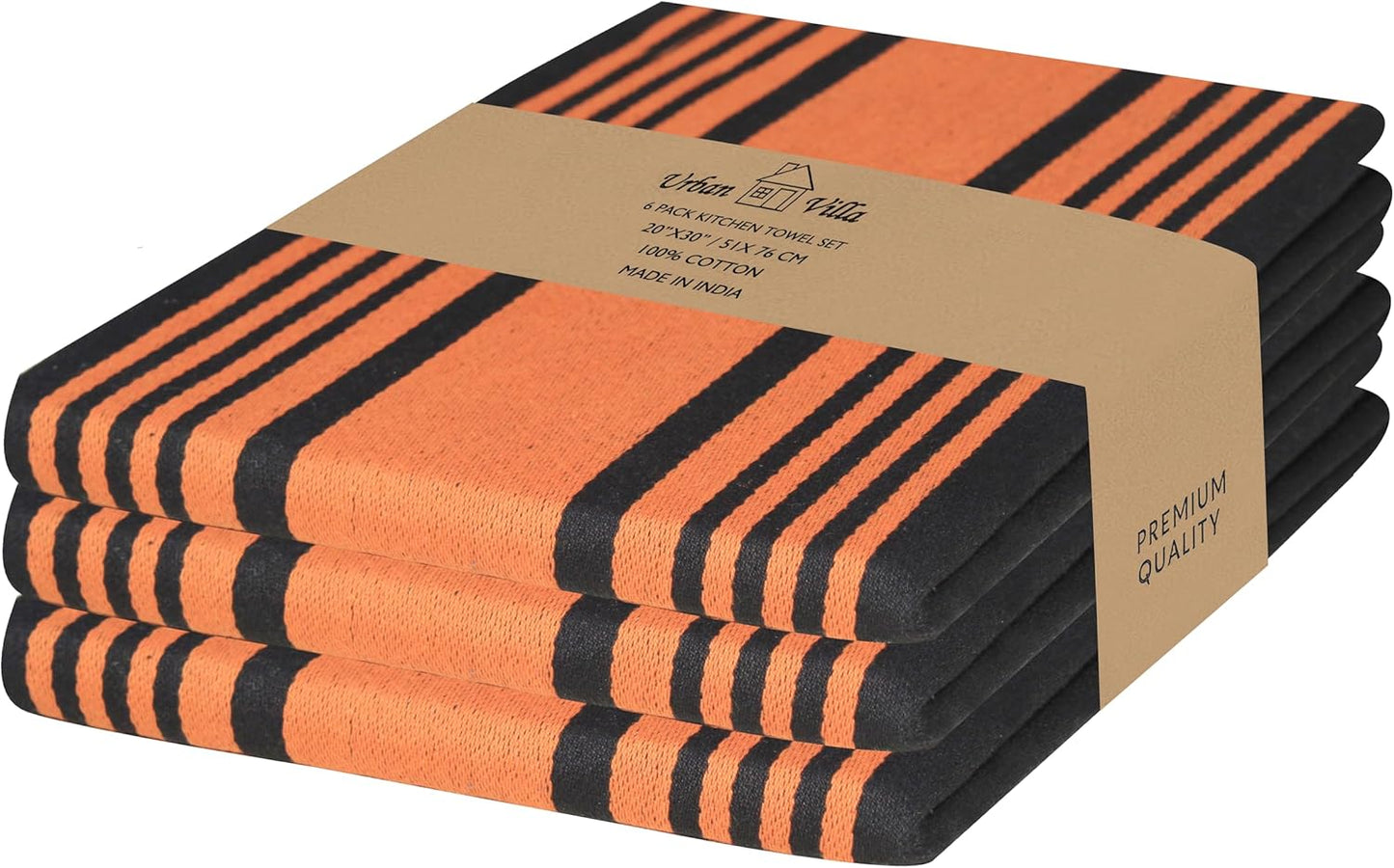 Urban Villa Halloween Kitchen Towels 100% Cotton Set of 3 Dish Towels - 20x30 Inches Highly Absorbent Quick Drying Dish Towels for Kitchen with Hanging Loop Hand & Tea Towels (Orange & Black Striped)