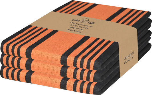 Urban Villa Halloween Kitchen Towels 100% Cotton Set of 3 Dish Towels - 20x30 Inches Highly Absorbent Quick Drying Dish Towels for Kitchen with Hanging Loop Hand & Tea Towels (Orange & Black Striped)