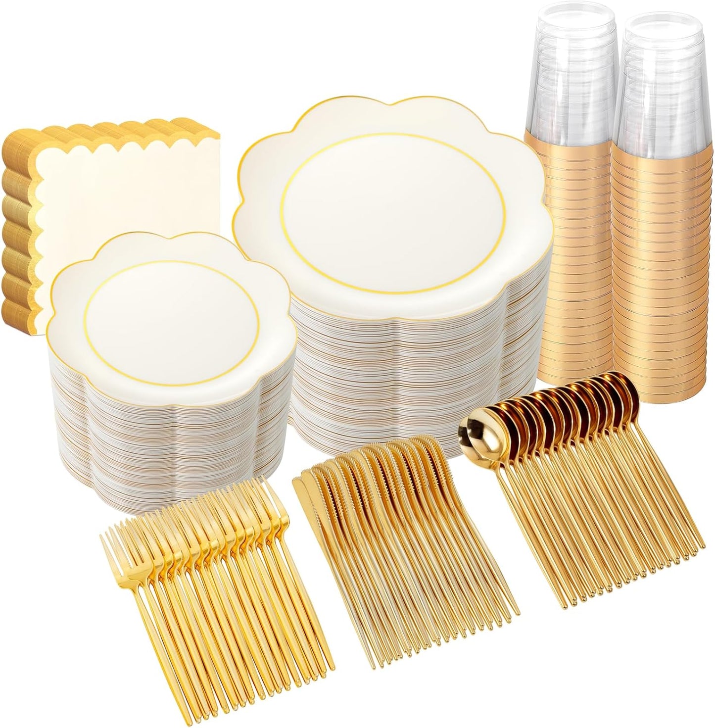 WONDERFUL 350PCS Ivory Plastic Plates for Party Plates Disposable Heavy Duty Ivory Gold Plastic Dinnerware Set for 50 Guests - 100 Disposable Plate,150 Silverware,50 Cup,50 Wedding Napkins for Wedding