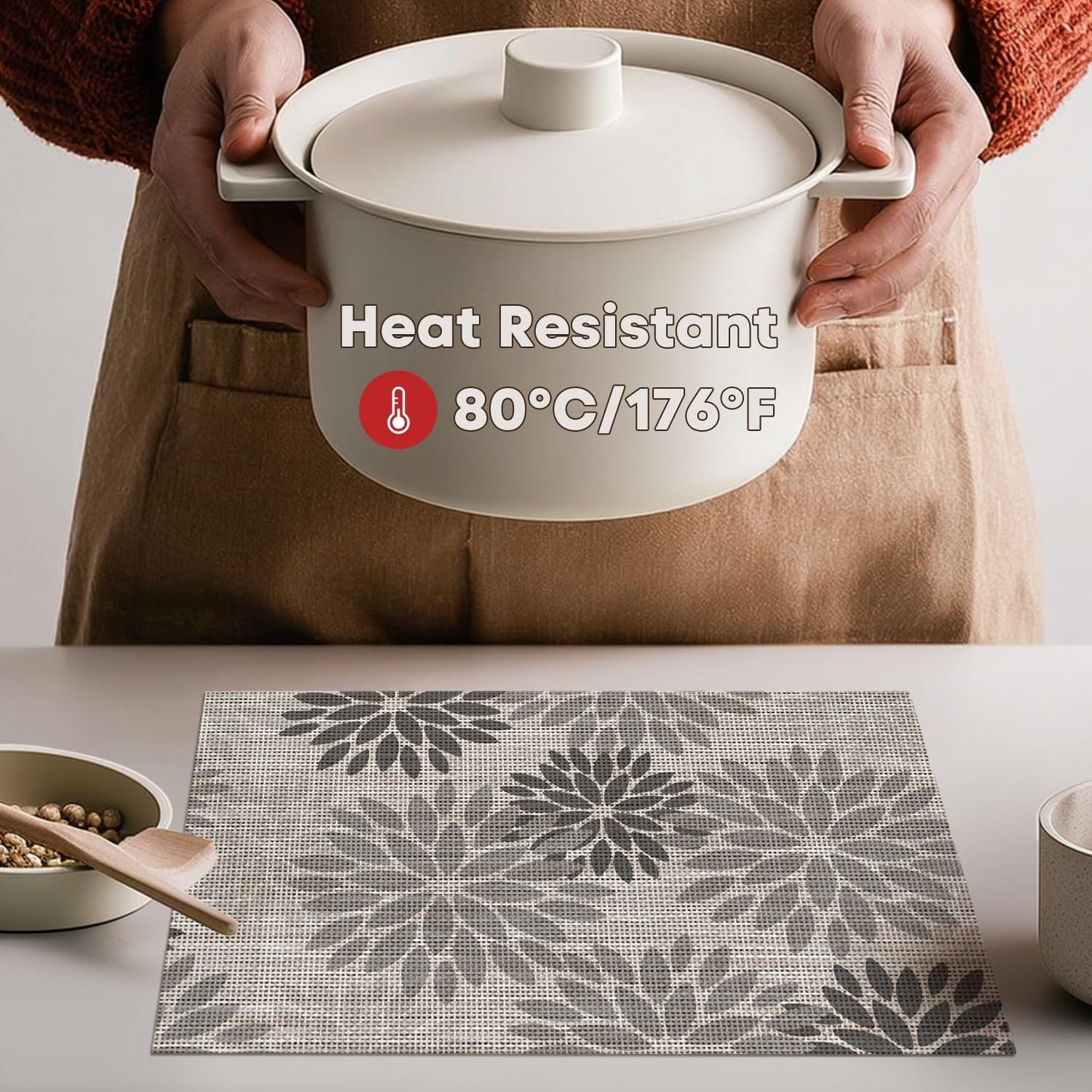 Artoid Mode Floral Vinyl Plastic Placemats Set of 4, 12x18 Inch Washable Non-Slip PVC Place Mats for Party Kitchen Dining Decor, Grey
