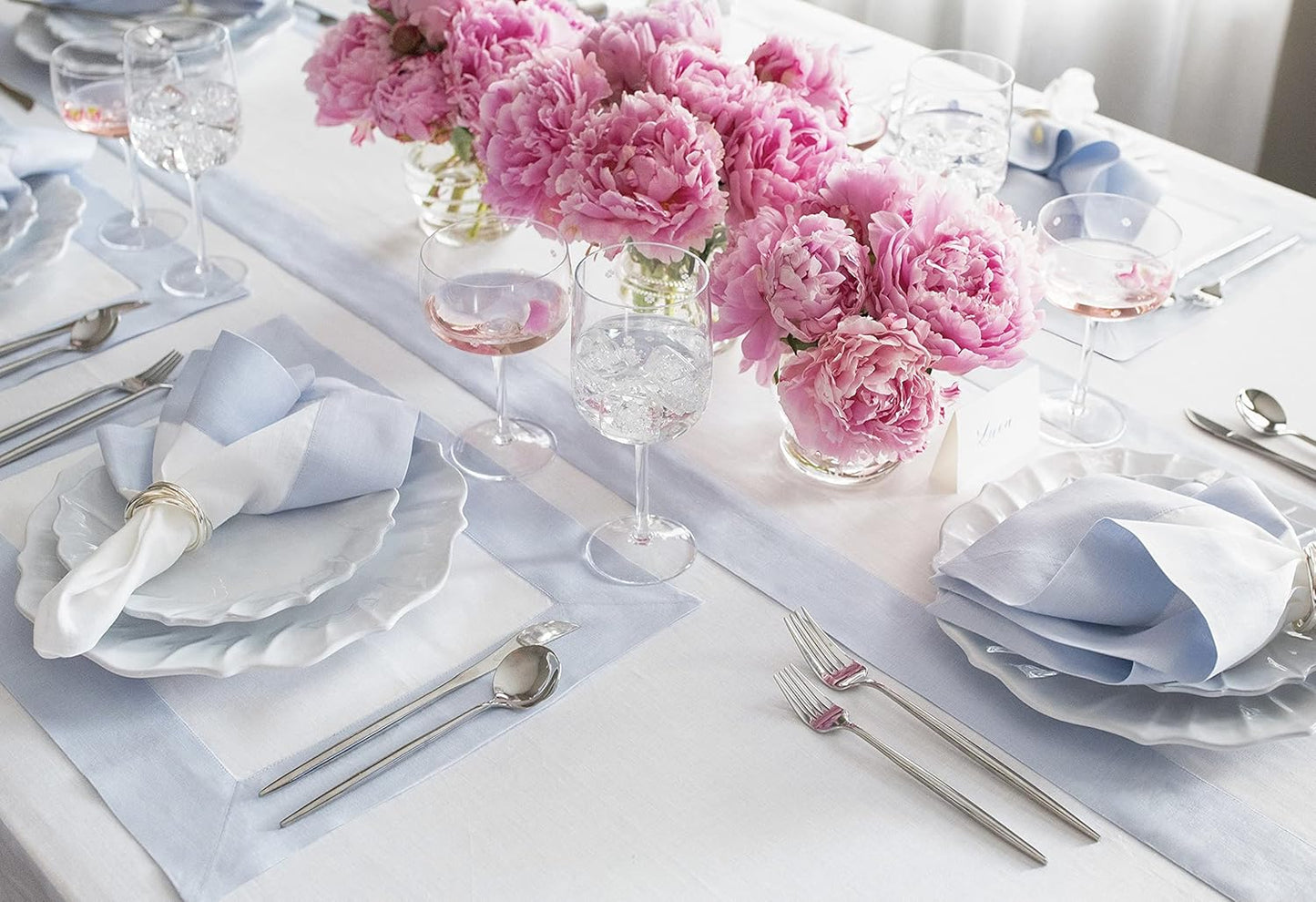 Solino Home Linen Table Runner 72 Inches Long - Light Blue and White 100% Pure Linen 14 x 72 Inch Table Runner for Dining - Contempo