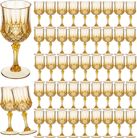 7OZ Plastic Wine Glasses, 48Pcs Amber Reusable Drinking Cups Vintage Champagne Flutes, Plastic Crystal Water Goblets for Parties Stemmed Shatterproof Drinking Glasses for Wedding, Toasting Party