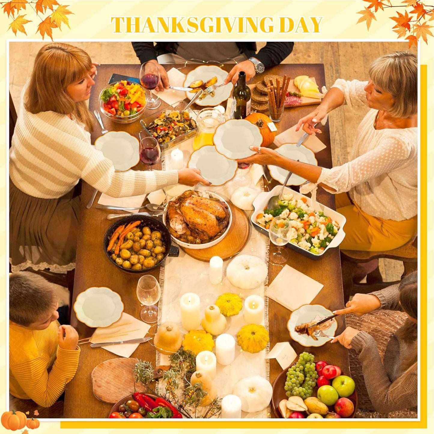 30 Pcs Thanksgiving Paper Plates, 7 Inch Ivory Paper Plate with Gold Trim Cute Beige Disposable Scalloped Plates for Friendsgiving, Baby Shower, Wedding