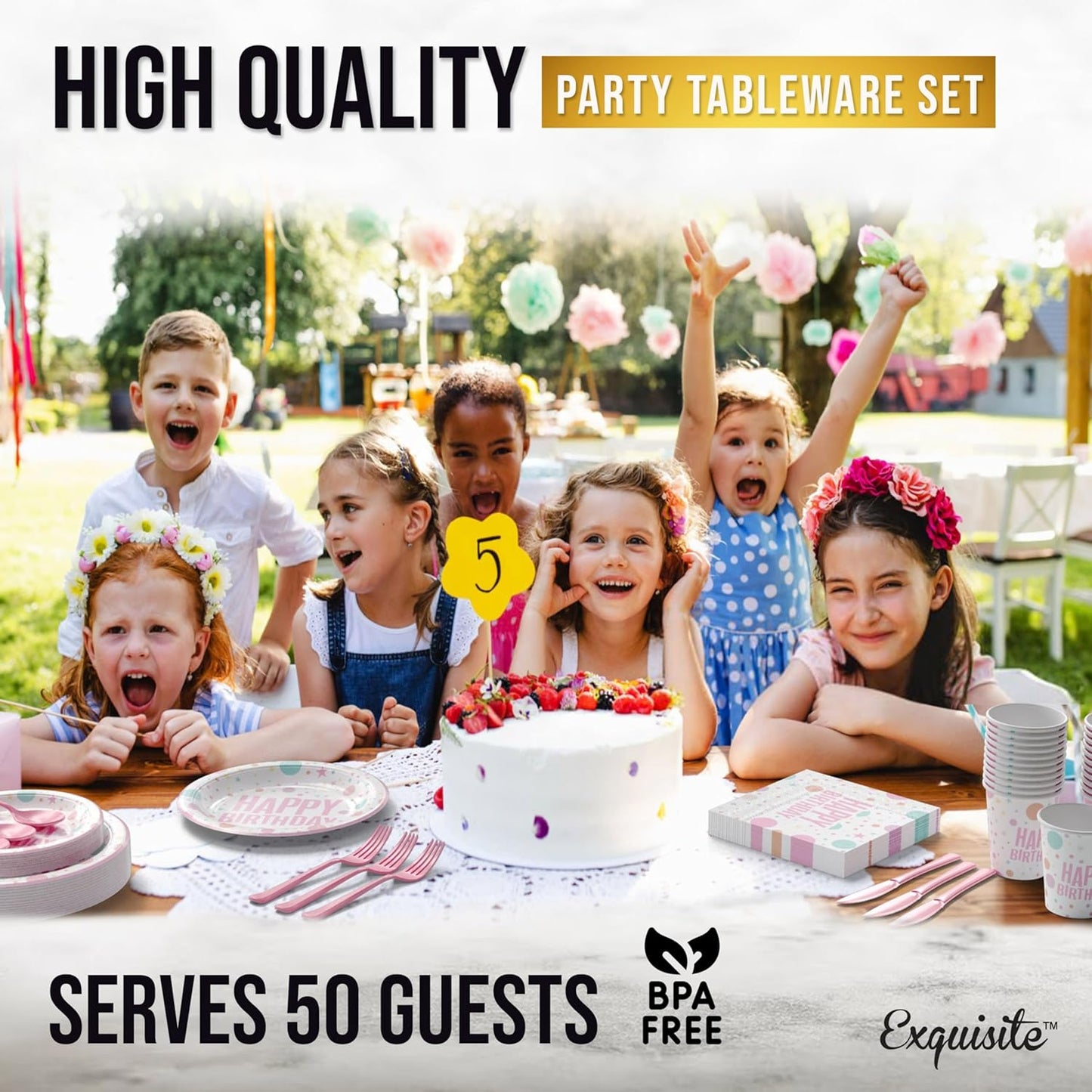 Exquisite 350 Pieces Happy Birthday Plates and Napkins Set, Paper Plates for Party Supplies, 50 Of Each 9" Dinner, 7" Dessert, Cups, Napkins & Cutlery Plastic Dinnerware Set Blue Birthday Decorations