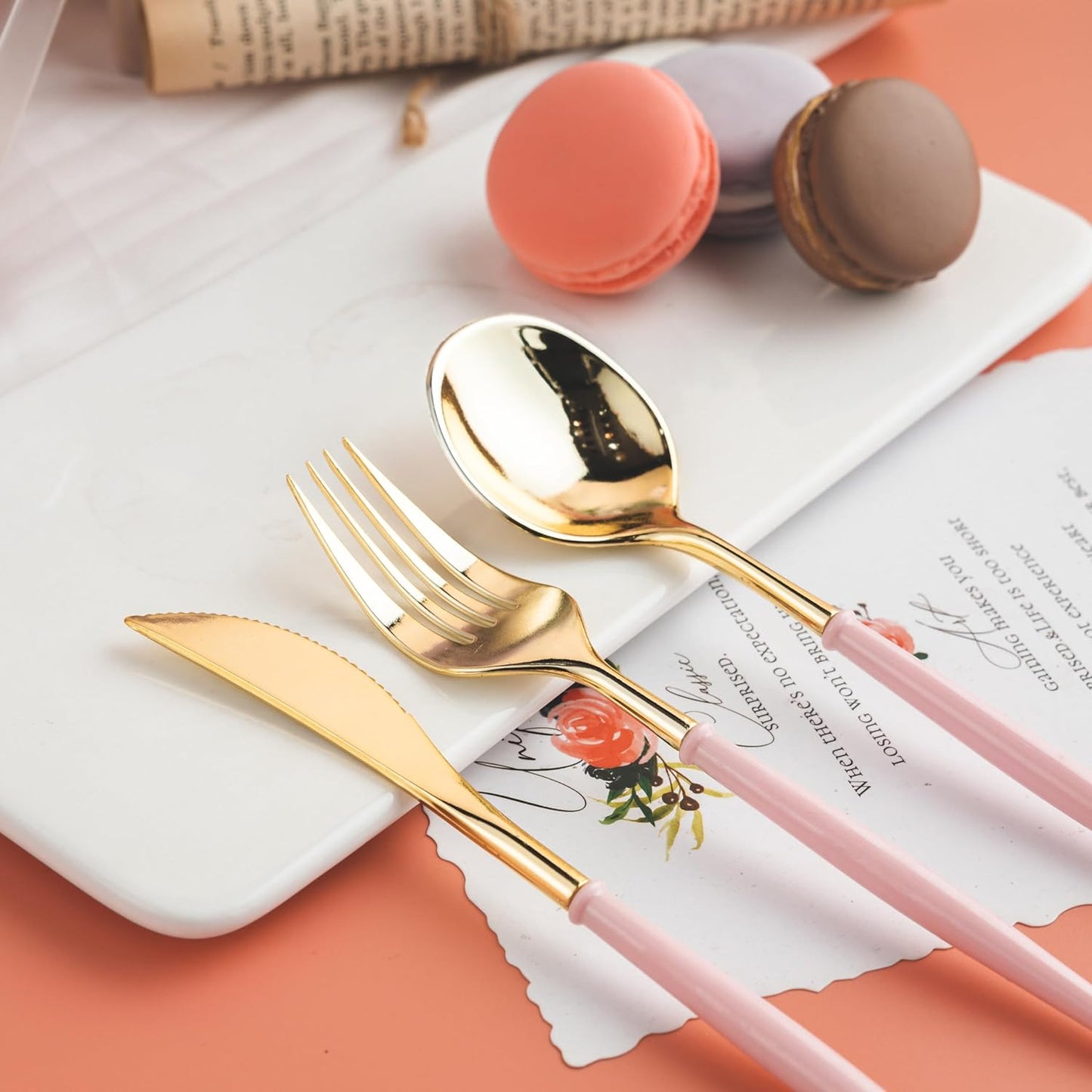 Lullaby 150PCS Gold Plastic Silverware - Disposable Flatware with Pink Handle, Includes 50 Knives, 50 Forks, 50 Spoons, Utensils Plastic disposable for Wedding, Party and Mother's Day