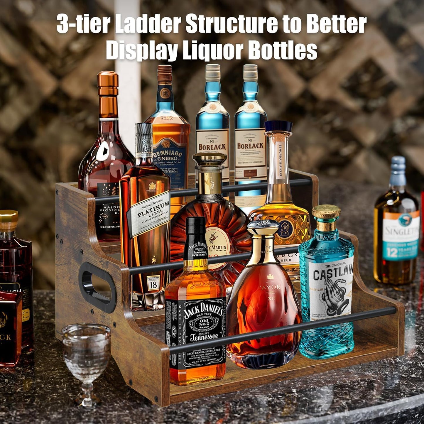 AT-VALY 3-Tier Countertop Wine Rack, Iron&MDF Kitchen Storage Shelf, Space-Saving Countertop Organizer for Spices, Herbs, Seasonings, Sturdy Stylish Condiment Holder(Rustic Brown)